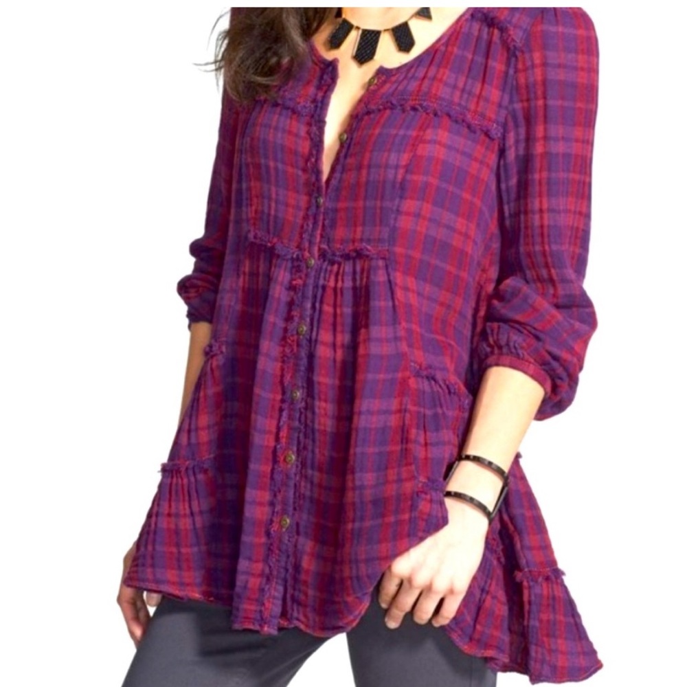Free People Whistle While You Work Gauze Plaid Tunic, Size Large